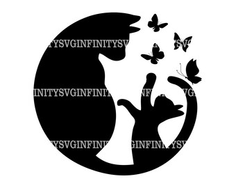 Mother Cat and Kitten SVG, Mom&#39;s Love SVG, Mama Cat, Mother&#39;s Day, Kitten and Butterflies, Cat Clipart, Cat Cricut, Mother&#39;s Love Clipart