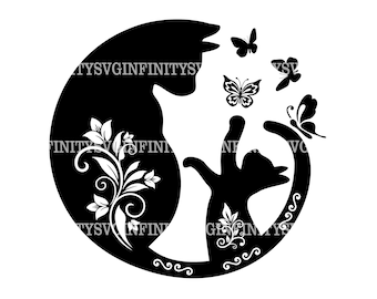 Mother Cat and Kitten SVG, Mama Cat SVG, Mom&#39;s Love, Mother&#39;s Day, Kitten and Butterflies, Cat Clipart, Cat Cricut, Mother&#39;s Love Clipart