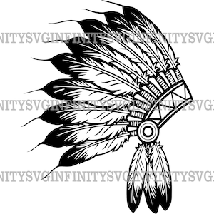 Può includere: Illustrazione in bianco e nero di un copricapo nativo americano con piume. Il copricapo è dettagliato con disegni intricati e una fascia di perline.