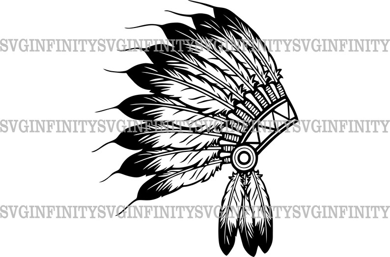 May include: Black and white illustration of a Native American headdress with feathers. The headdress is detailed with intricate designs and a beaded band.