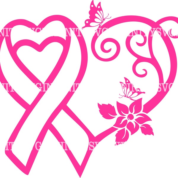 Breast Cancer Awareness Ribbon Heart Butterflies SVG, Awareness Ribbon SVG, Cancer Ribbon SVG, Breast Cancer svg, Silhouette Cricut cut file