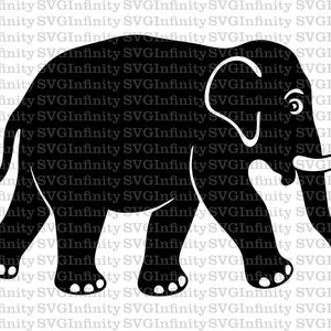 May include: A black silhouette of an elephant walking to the left. The elephant has large ears, tusks, and a trunk. The image is a simple, graphic design, suitable for various applications.