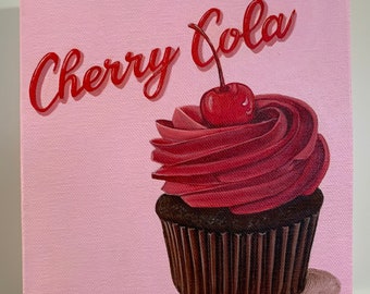 Peinture originale de petit gâteau, peinture acrylique originale de cola de cerise. Cupcake au chocolat avec glaçage au cola cerise et une cerise sur le dessus.