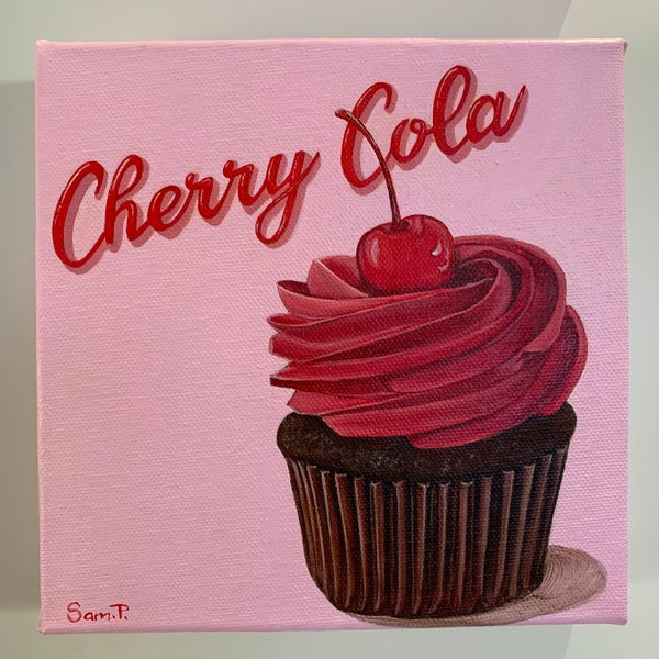 Peinture originale de petit gâteau, peinture acrylique originale de cola de cerise. Cupcake au chocolat avec glaçage au cola cerise et une cerise sur le dessus.