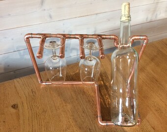 Copper Wine Bottle Display Stand - Holder for 2 Glasses - Handmade in France