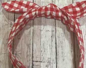 Red and White Gingham Knotty Bow Headband, Top Knot Headband, Headband,  Spring Easter Headband *PATTERN VARIES*