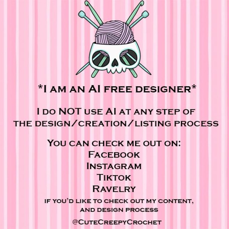 Puede incluir: Un fondo rosa y blanco a rayas con una ilustraci&oacute;n de dibujos animados de una calavera con una madeja de hilo y ganchillos. El texto dice "I AM AN AI FREE DESIGNER" y las redes sociales.
