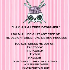 May include: Pink and white striped background with a cartoon illustration of a skull with a ball of yarn and crochet hooks. Text reads "I AM AN AI FREE DESIGNER" and social media handles.