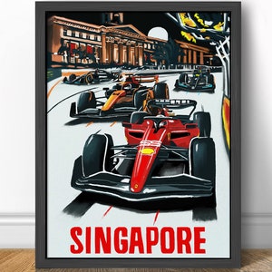 Grande Prêmio de Cingapura Ferrari Carlos Sainz vence McLaren Norris Fórmula 1 Art Print Design de pôster de corrida retrô de F1