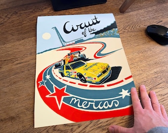 May include: A vintage-style poster featuring a yellow race car with the words "Circuit of the Americas" and a red, white, and blue star design.