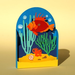 Biglietto pop-up per fondali marini, biglietto pop-up per pesci e coralli, biglietto pop-up per compleanno, biglietto per ogni occasione, biglietto pop-up per bambini