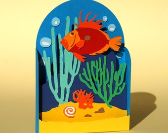 Carte pop up fonds marins, carte pop up poisson et corail, pop up anniversaire, carte pour toute occasion, carte pop-up pour enfant