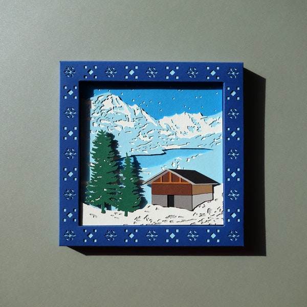 Tableau en papier, chalet sous la neige, décoration de Noël en papier, illustration en papier, paysage de montagne enneigé, tableau carré