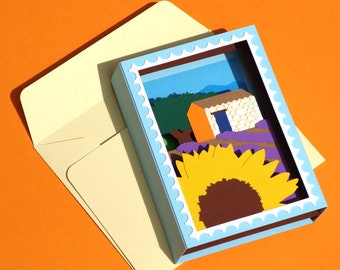 Provencal charm Pop-Up card for holidays, 3D congratulations card, Lavender fields, birthday card, greeting card, kirigami