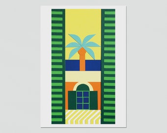 A6 Illustrated Postcard, Nice Window and Palm Tree, Paper Cut, Greeting Card, Message, Thank You Card, Birthday Card