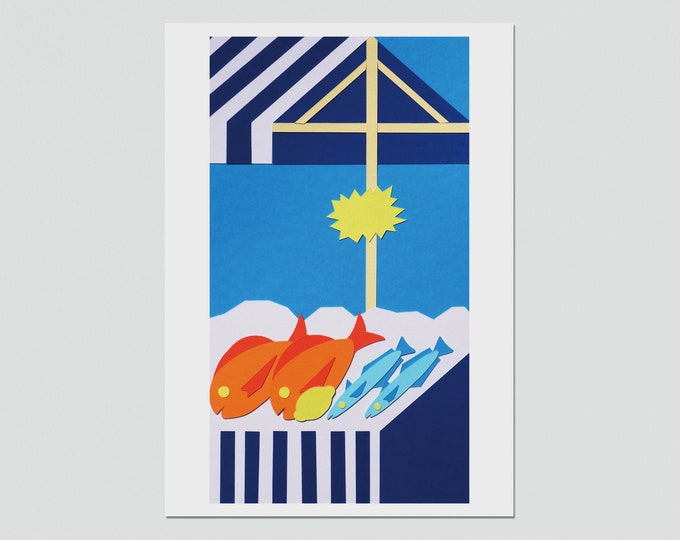 Carte postale imprimée sur papier mat A6, Marché aux poissons