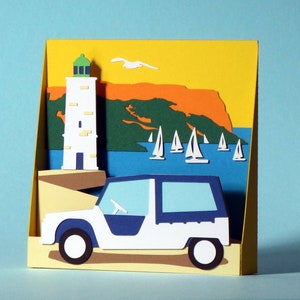 Car pop up card, cut paper card with lighthouse and sailboats, 3D summer vacation card, thank you card, birthday card