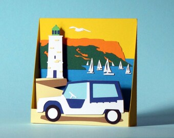 Carte pop up voiture, carte en papier découpé avec phare et voiliers, carte 3D vacances d&#39;été, carte de remerciements, carte d&#39;anniversaire