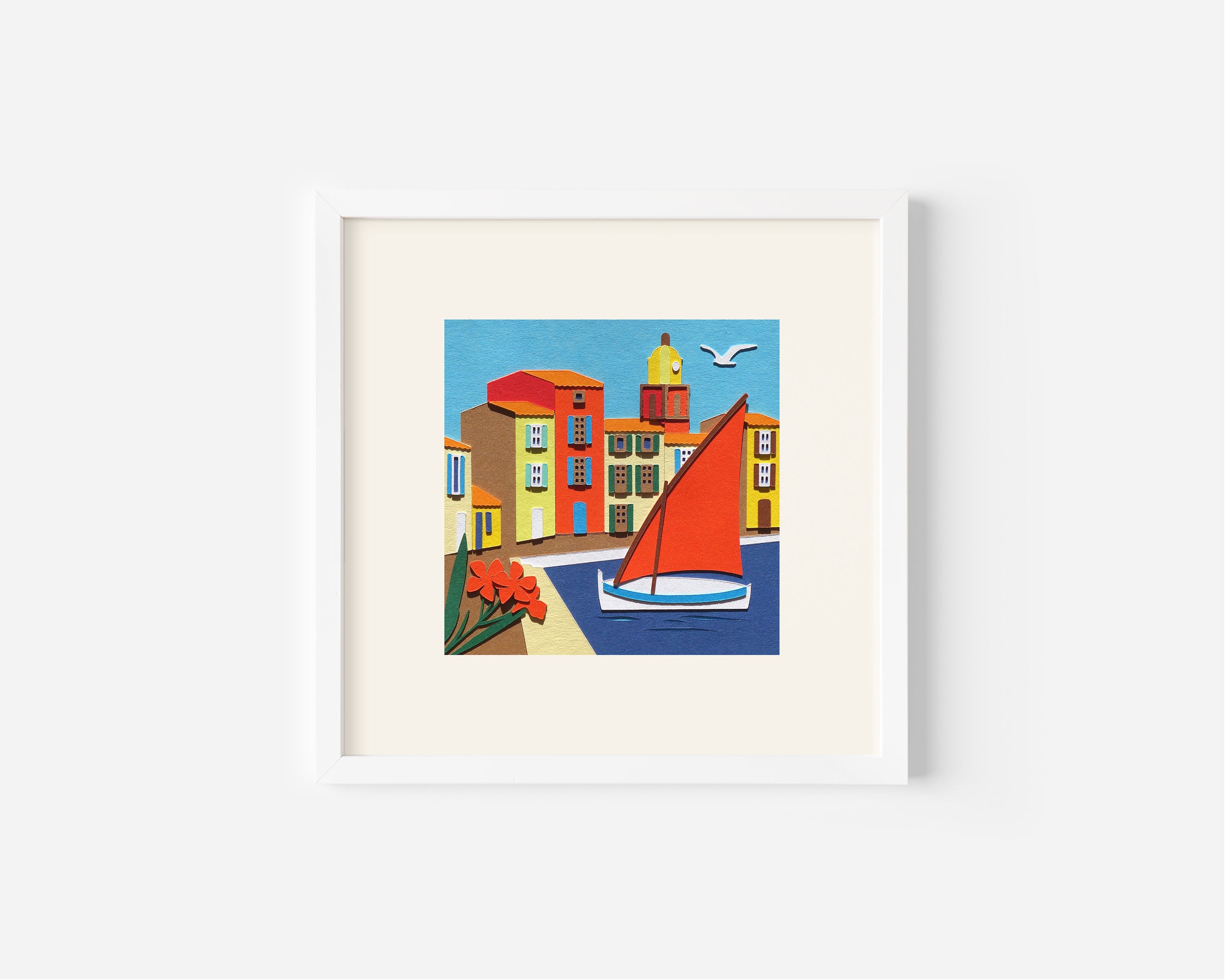 Collage Saint-Tropez, Tableau Côte d'azur, Dessin Encadré, Décoration Colorée, Illustration Carrée a