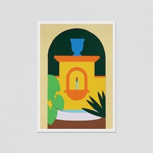 Carte postale illustrée A6, Carte postale jardin et fontaine, Reproduction de collage, Art du papier, Plantes en papier découpé, Voeux