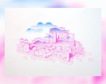 Illustrated poster A3, Artist poster, Risographic printing, fluorescent pink and blue, Neverary City, Gift for all occasions