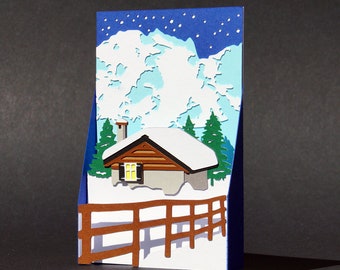 Christmas pop up card, 3D greeting card, original chalet card under the snow, Merry Christmas and Happy New Year card, holiday card, Christmas kirigami