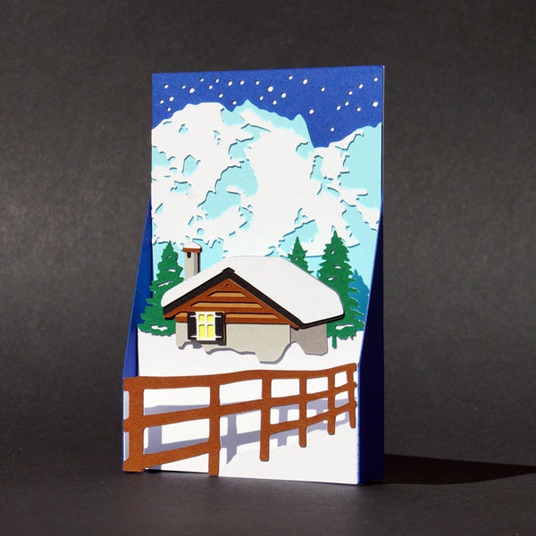 Carte pop up Noël, carte de voeux 3D, carte originale chalet sous la neige, carte joyeux Noël et bonne année, carte de fêtes, kirigami Noël