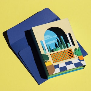 Biglietto pop-up per giardino mediterraneo, scatola, celebrazione delle vacanze, biglietto di auguri, biglietto di nozze, biglietto di auguri, per tutte le occasioni