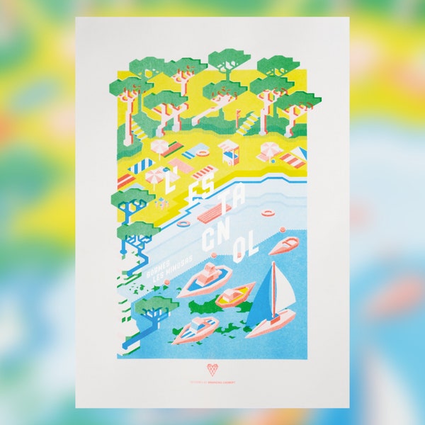 Affiche illustrée A3, Poster d'artiste, risographie jaune et bleu azur, Plage l'Estagnol, Bormes-les-Mimosas, Impression à encadrer