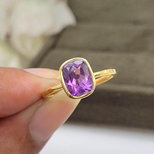 14K Gold Amethyst Ring: Cushion Cut Solitaire, February Birthstone