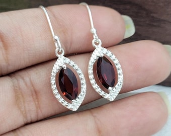 Marquise Red Garnet Earrings-Sterling Silver Earring-Garnet Bohemian Earrings-Unique Red Evil Eye Earrings-Gift For Her