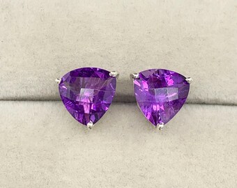 Natural Amethyst Stud Earrings: Sterling Silver Trilliant Cut, February Birthstone Jewelry