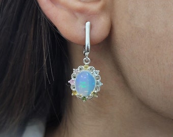Ethiopian Opal Dangle Earrings: Sterling Silver, Multi Tourmaline Accent