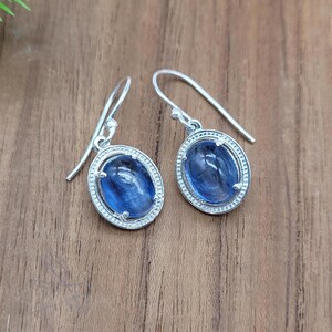 Blue Kyanite Dangle Earrings: Oval Gemstone, Sterling Silver
