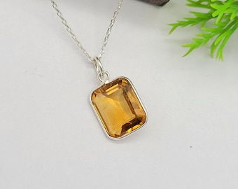 Genuine Citrine Pendant-Birthstone Gift-Citrine Emerald Cut Pendant-Sterling Silver Pendant-Bezel Set Pendant-Engagement Promise Pendant Her