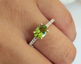 Natural Peridot Promise Ring: Oval Green Birthstone, Sterling Silver Jewelry
