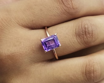 Zierlicher Amethyst Jahrestag Ring-Smaragd geschnitten Amethyst Ring-Vintage Halo Ring für sie-schönes Geburtstagsgeschenk für sie-925 Sterling Silber- 14