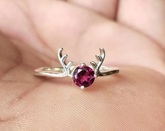 Rhodolite Garnet Deer Ring: Sterling Silver Animal Jewelry, January Birthstone Ring