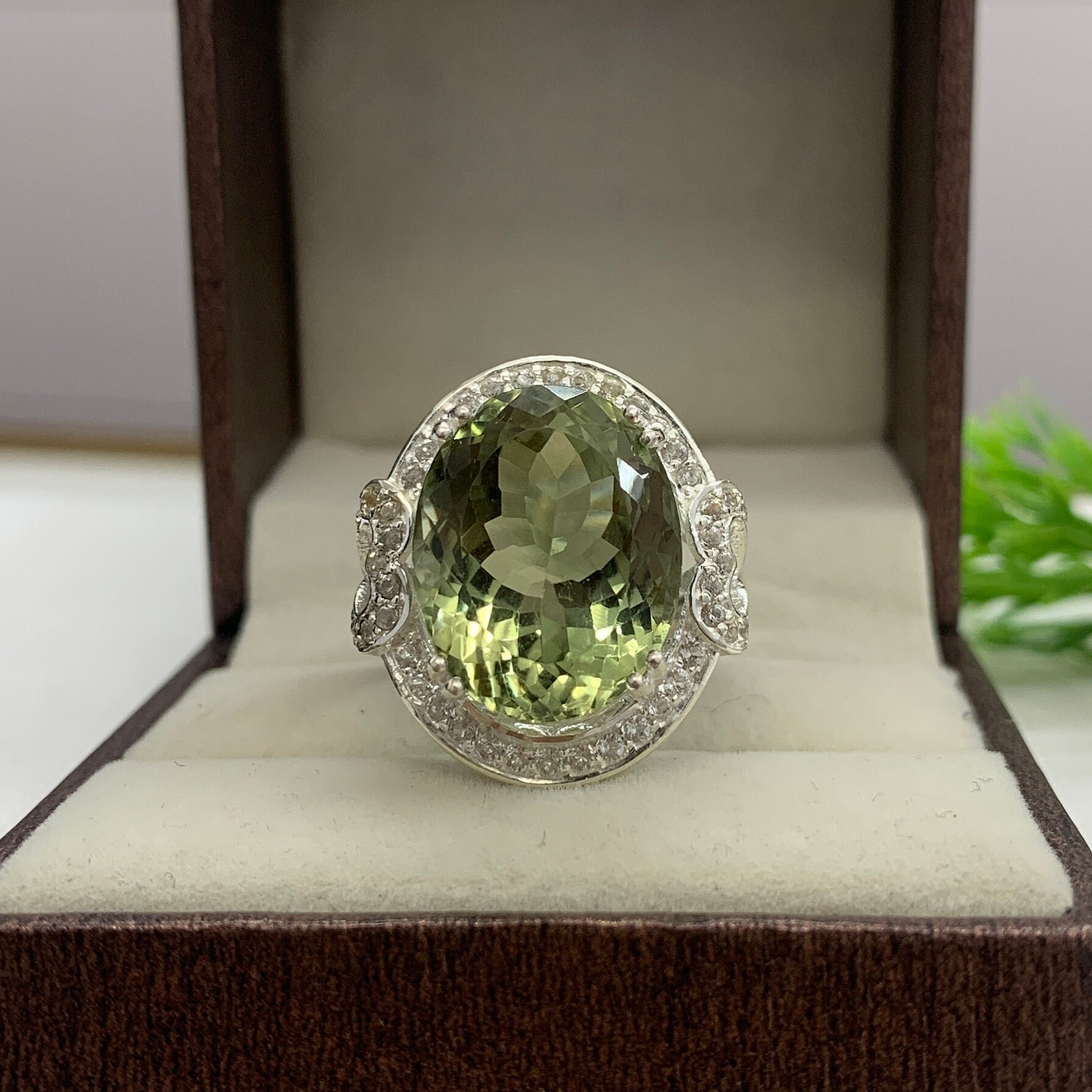 Prasiolite Cocktail Ring: Natural Green Amethyst, Sterling Silver
