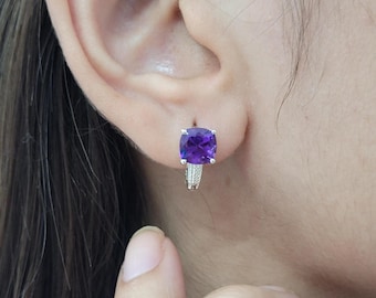 Exclusive Amethyst Earrings-Amethyst Huggie Style Hoop Earrings-February Birthstone Hoops-Minimalist Earrings-Dainty Purple Gemstone Jewelry
