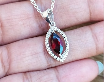 Natural Garnet Pendant-January Birthstone Necklace-Protection Evil Eye Pendant-925 Sterling Silver-Solitaire Everyday Pendant