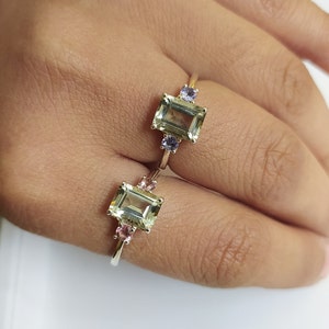 Emerald Cut Green Amethyst Ring: Sterling Silver Three Stone Ring