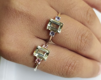 Emerald Cut Green Amethyst Ring: Sterling Silver Three Stone Ring