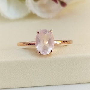 Natural Rose Quartz Ring - 18K Gold Vermeil Ring, Adjustable Pink Crystal 925 Silver Ring, Olive Promise Birthstone Ring
