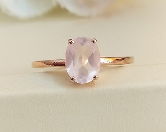 Natural Rose Quartz Ring - 18K Gold Vermeil Ring, Adjustable Pink Crystal 925 Silver Ring, Olive Promise Birthstone Ring