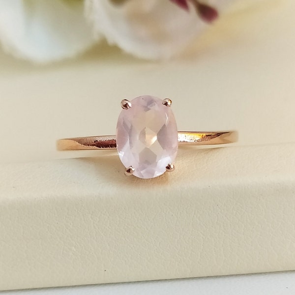 Natural Rose Quartz Ring - 18K Gold Vermeil Ring, Adjustable Pink Crystal 925 Silver Ring, Olive Promise Birthstone Ring