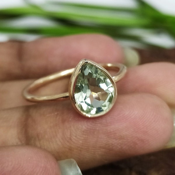 Natural Green Amethyst Solitaire Ring-Green Amethyst Anniversary Ring-Natural Prasiolite Brid Ring-Prasiolite Engagement Ring Rose Gold-661