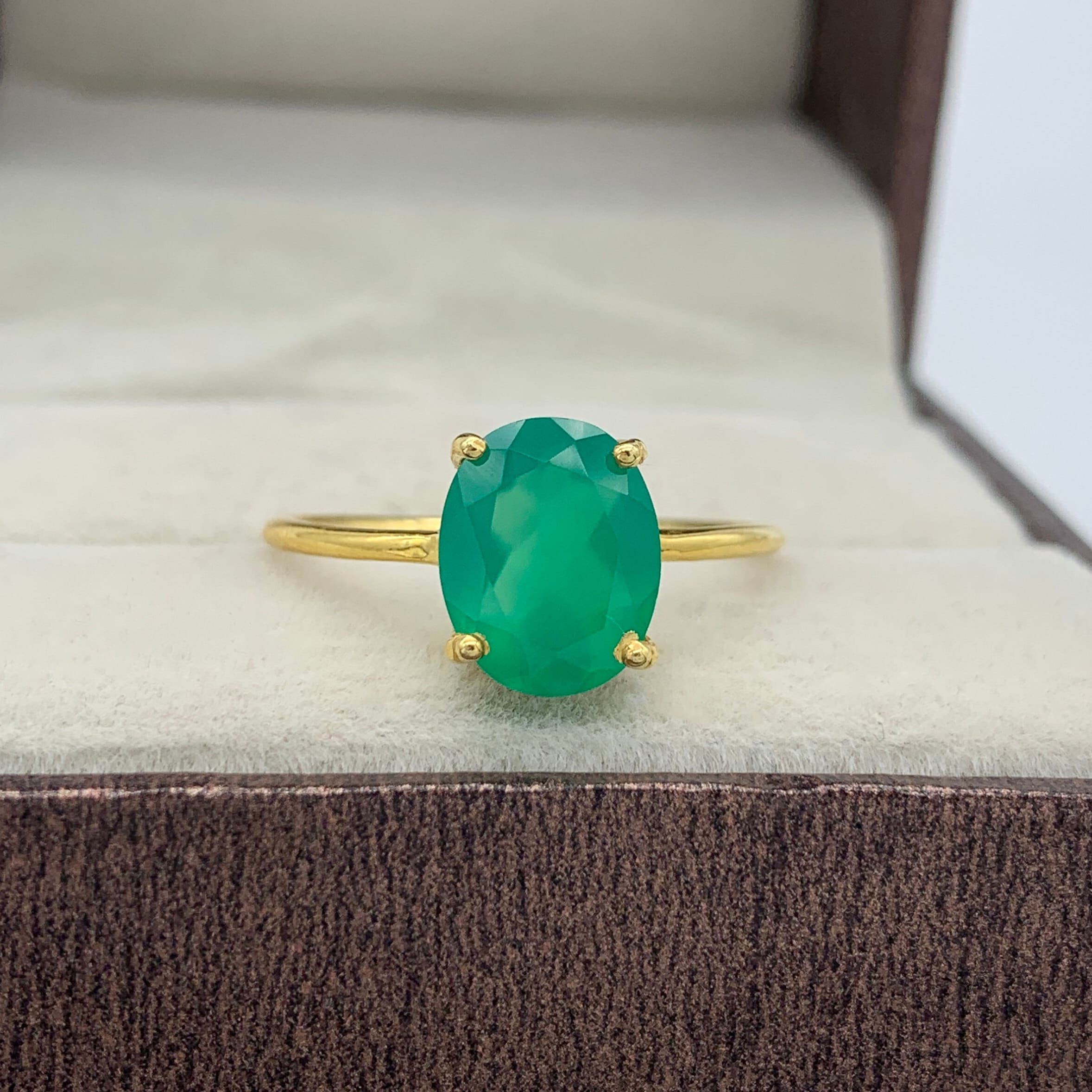 Emerald Green Gemstone Ring-Green Onyx Solitaire Ring-Green Onyx Everyday Ring-Green Promise Ring Gold Vermeil-Natural Green Birthstone Ring