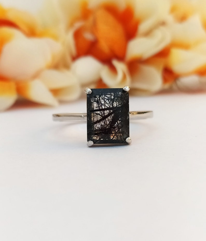 Black Rutile Quartz Solitaire Ring-Emerald Cut Black Rutilated Quartz Ring-Black Rutile Vintage Ring For Her-925 Solid Sterling Silver-83 