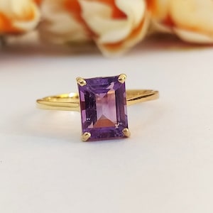 Emerald Cut Amethyst Solitaire Ring: 925 Sterling Silver Promise Ring